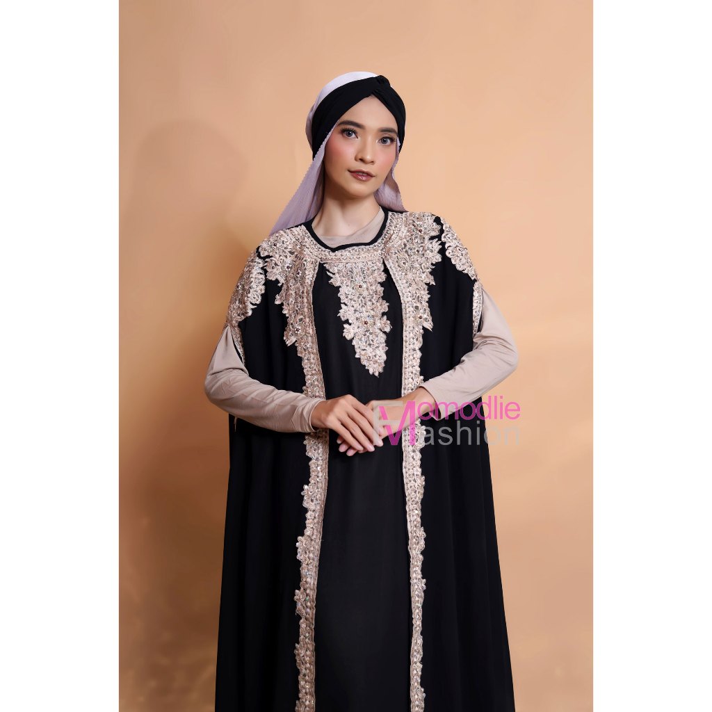 KAFTAN WANITA JUBAH CERUTY FULL BORDIR MEWAH WARNA HITAM KAFTAN MUSLIMAH TERBARU LEBARAN 2024
