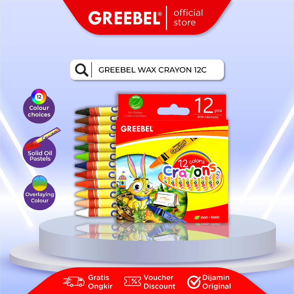 

GREEBEL Crayon Krayon WAX CRAYON isi 12 Warna/ 24 Warna cerah & tidak berdebu utk Art, Anak Sekolah tidak beracun (non toxic)
