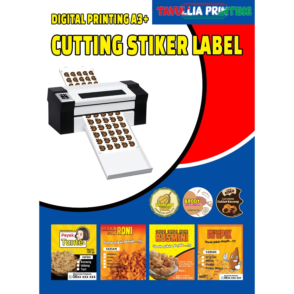 

Cetak Stiker Label Makanan / Label Kemasan + Cutting Bahan Stiker Cromo Laminasi Glossy/Doff
