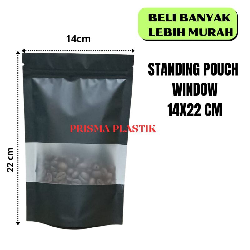 kemasan standing pouch metalized window zipper hitam doff (14x22 cm)