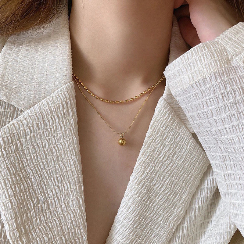 Kalung Titanium Wanita Liontin Bulat Bola Rantai Double 2 Layer Anti Karat Anti Luntur Gaya Korea