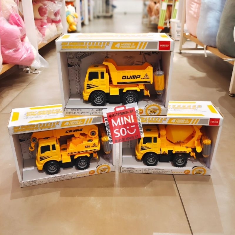 MINISO 🆕 DIY Engineering Vehicle Series (Dump Truck, Crane, Mixer, Excavator)