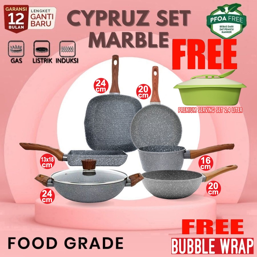 Cypruz Cookware Set Wok Sauce Pan Frypan Cyprus marble 6 pcs Panci Wajan Induksi Anti Lengket