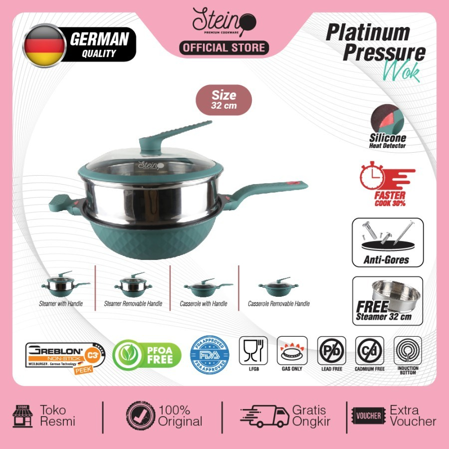 STEIN WOK PLATINUM PRESSURE COOKER FREE STEAMER 32 CM STEINCOOKWARE