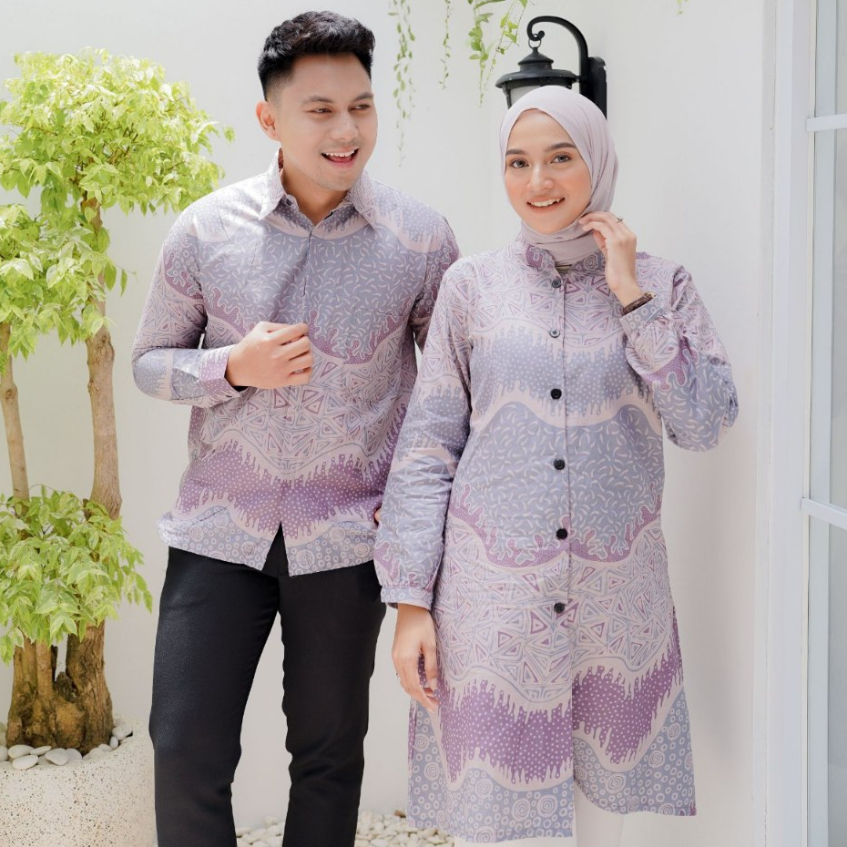Batik Couple Pyramid Lilac Ungu Sarimbit Kancing Depan Pasangan Katun Motif M-XXXL Jumbo Lengan Panj