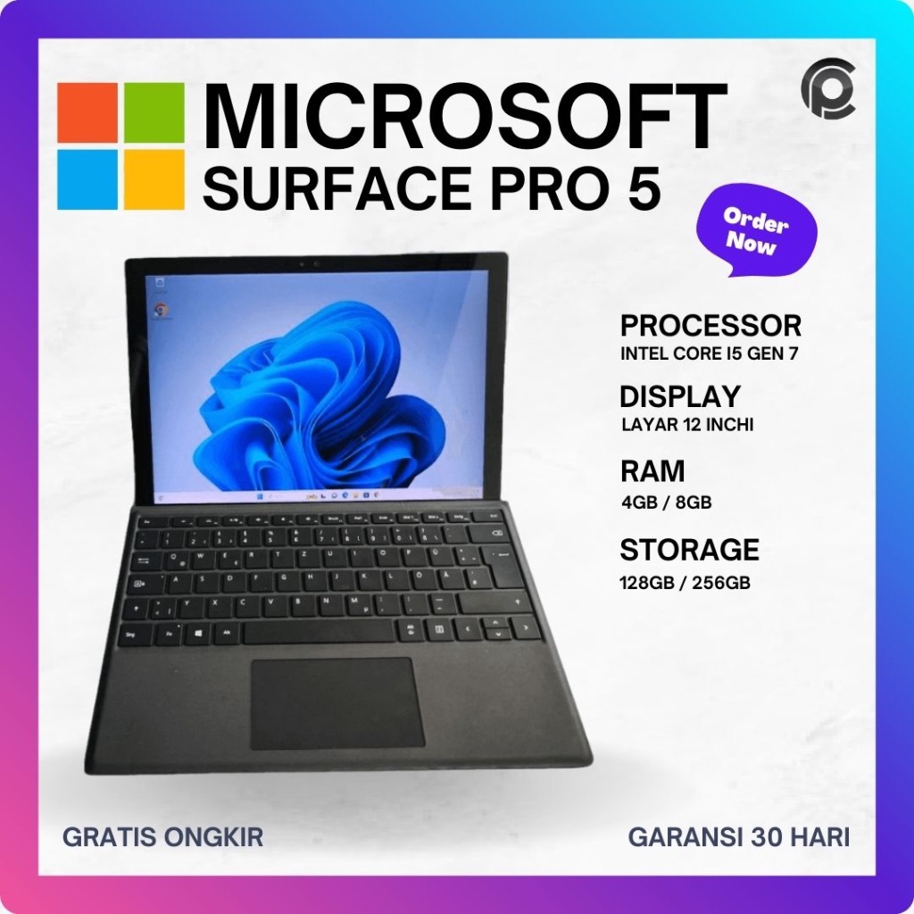 Microsoft Surface Pro 5 4/128GB Intel Core i5 Gen 7 Tablet komputer bekas terawat Seken Bergaransi