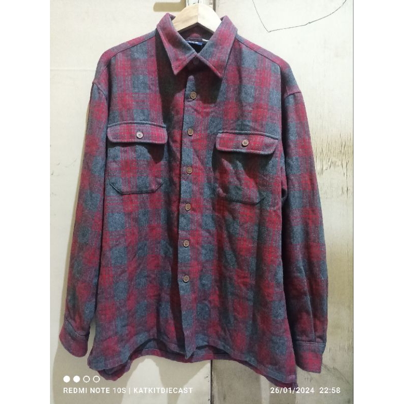 kemeja veterano double pocket merah abu abu bahan wool tebal