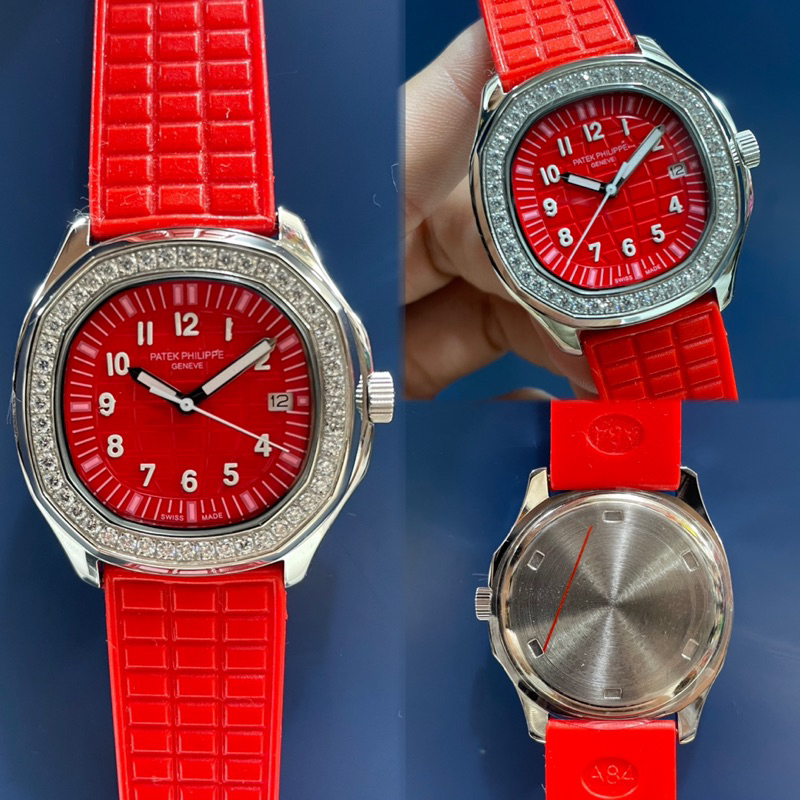JAM TANGAN WANITA/CEWEK PATEK PHILIPPE AQUANUT 5067A DIAMOND RING KARET MERAH SILVER PREMIUM JAPAN A