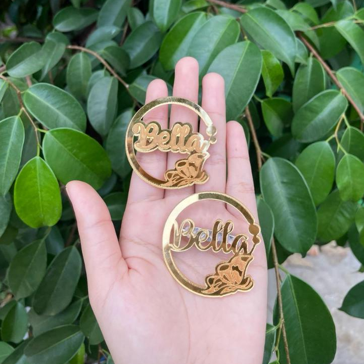 Bros Nama Bulat Motif Kupu-kupu Besar Custom Akrilik