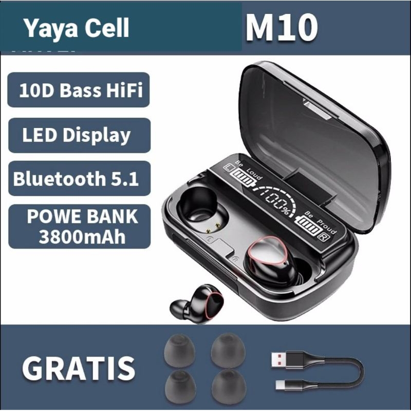 Headset Bluetooth Nirkabel M10 Gratis Power Bank