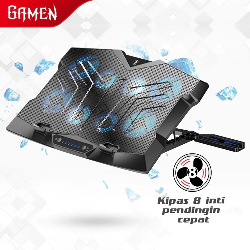 GAMEN GCP100 Gaming Laptop Cooling Pad Stand Desain 8 Kipas Inti/Core Penyesuaian Sudut 5 Tingkat/An