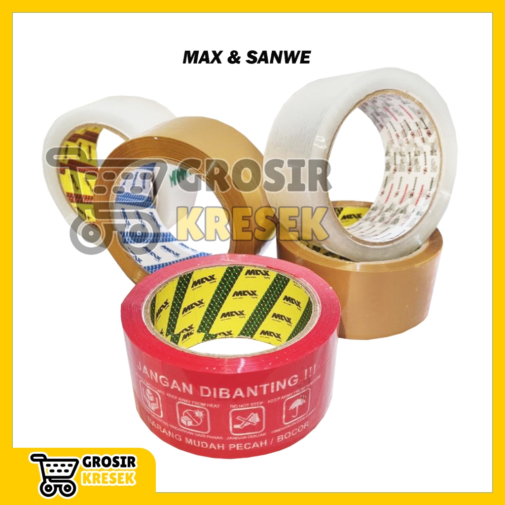 

[VARIAN] AA6 Lakban Bening Coklat Jangan Dibanting MAX / SANWE - Grosir Isolasi Plester Besar Transparan Cokelat Merah ukuran 45mm 48 mm (Panjang 60 65 72 80 90 yard)