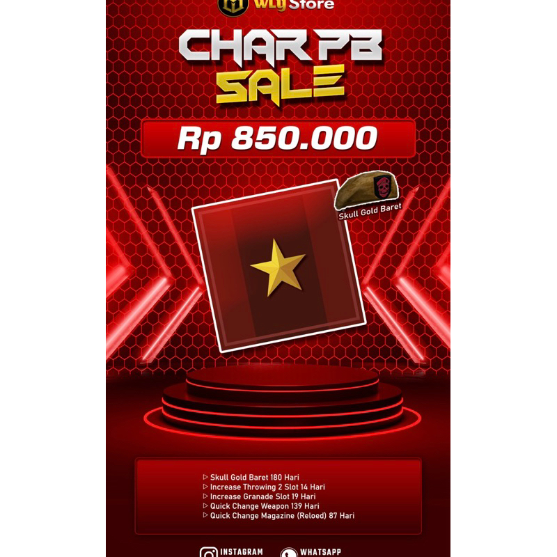 CHAR PB BINTANG 1 SKULL GOLD BARET 180 HARI + QC WEAPON 139 HARI