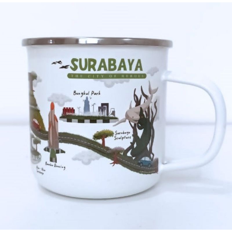 Gelas Mug Enamel oleh-oleh gift gambar icon Surabaya Indonesia