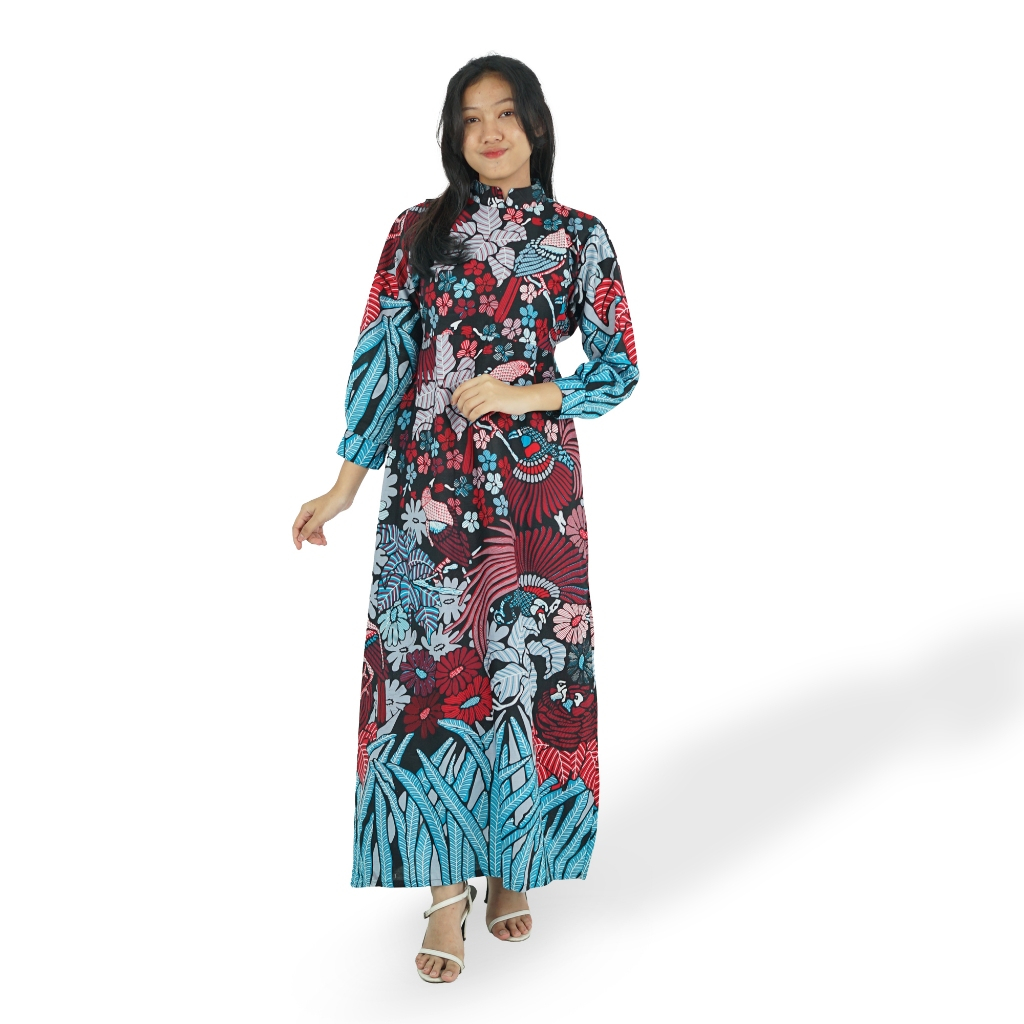 BATIK TRUSMI Dress Batik Wanita Gamis Batik Motif Macau Merah MJ