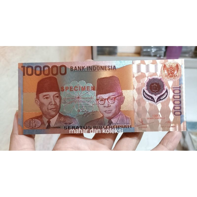 souvenir gold foil 100.000 sukarno hatta 1999  / replika 100000 polimer GF005.