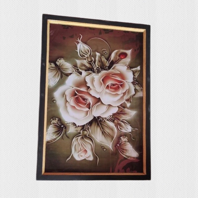 hiasan dinding gambar bunga mawar Putih kupu plus bingkai