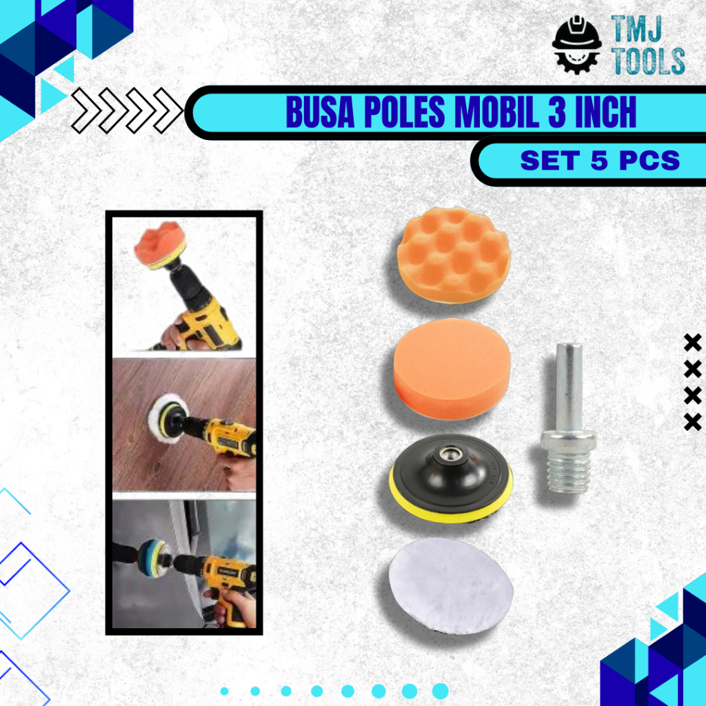Busa Poles Set 5 Pcs Busa Spon Mesin Poles 5pcs SET Mobil Wool Foam Pad Velcro Alat Adapter Polisher