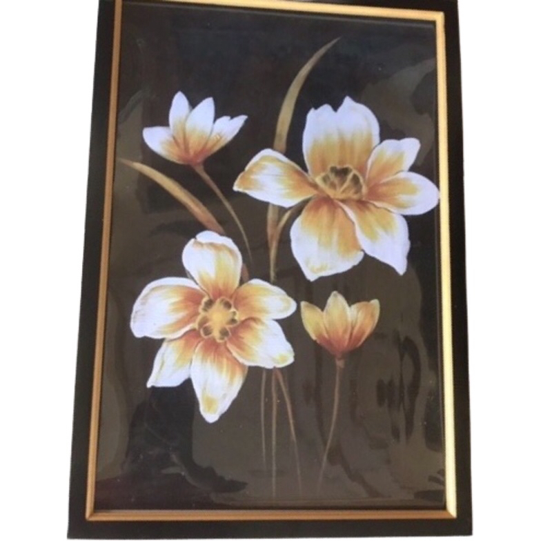 lukisan cetak gambar bunga putih plus bingkai