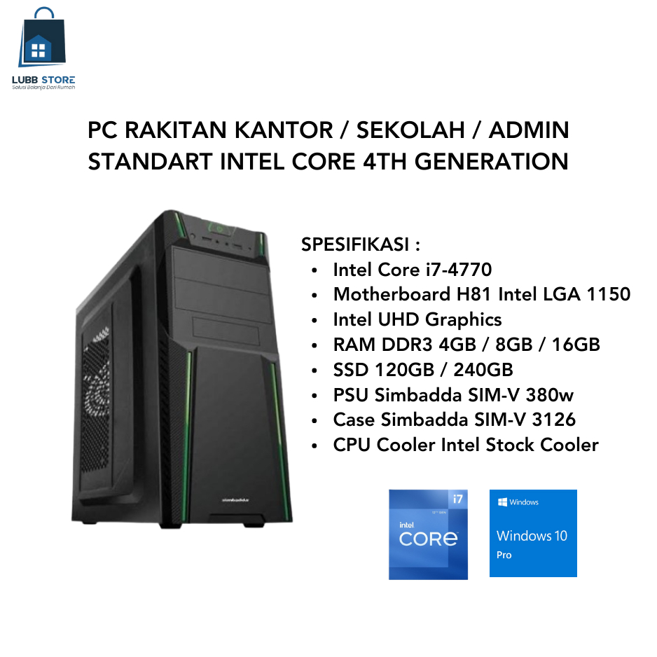 PC RAKITAN CORE i7-4770 GEN 4 PC RAKITAN OFFICE / SEKOLAH / ADMIN WINDOWS 10 PRO ORIGINAL