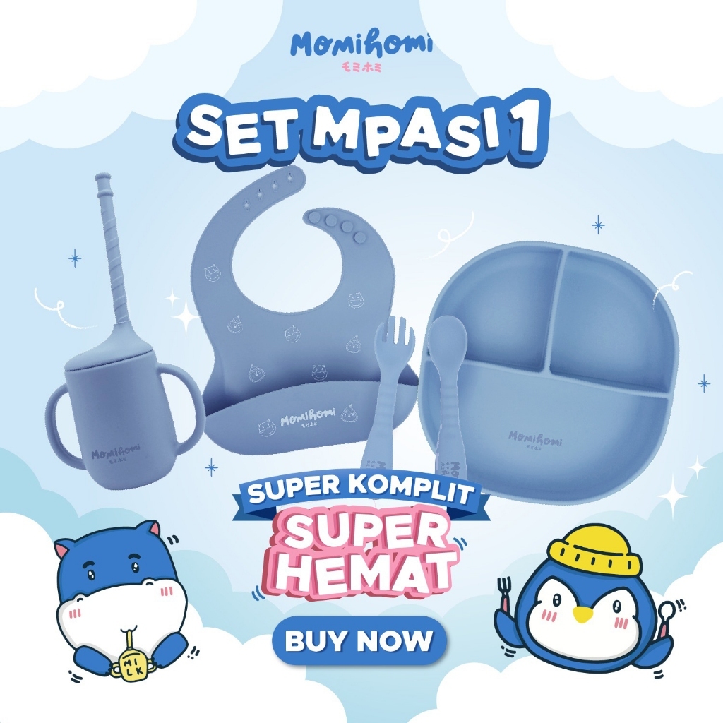 Momi Homi SET MPASI Celemek Piring Sendok Dan Gelas Silicone Baby Slabber Anti Slip Anti Tumpah Seka