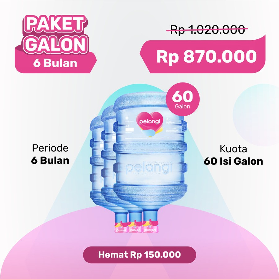 

PELANGI Air Mineral - Paket Galon 6 Bulan (60 Galon) - Jakarta Pusat