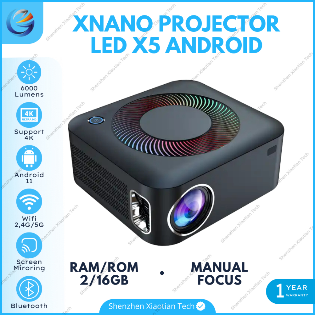 Proyektor Xnano X5 Android 11.0 Wifi LED 6000 Lumens Projector Bluetooth Speaker Screen Mirroring