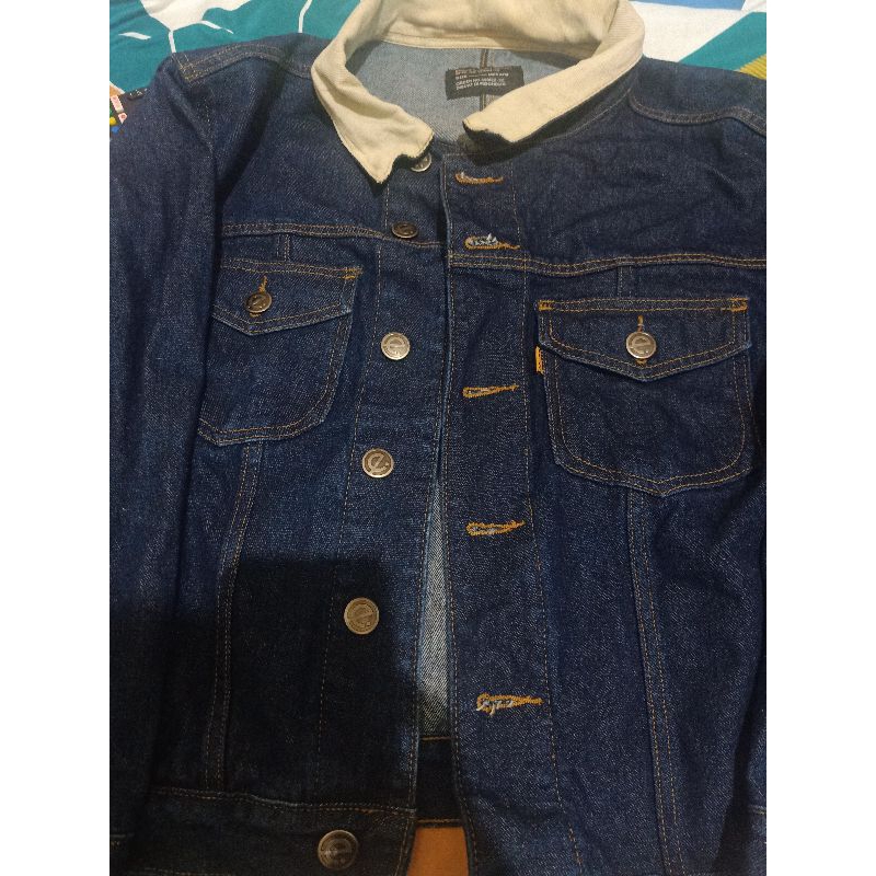 Preloved Erigo Denim Jacket Corduroy Collar Lien Dark Blue Unisex Size M