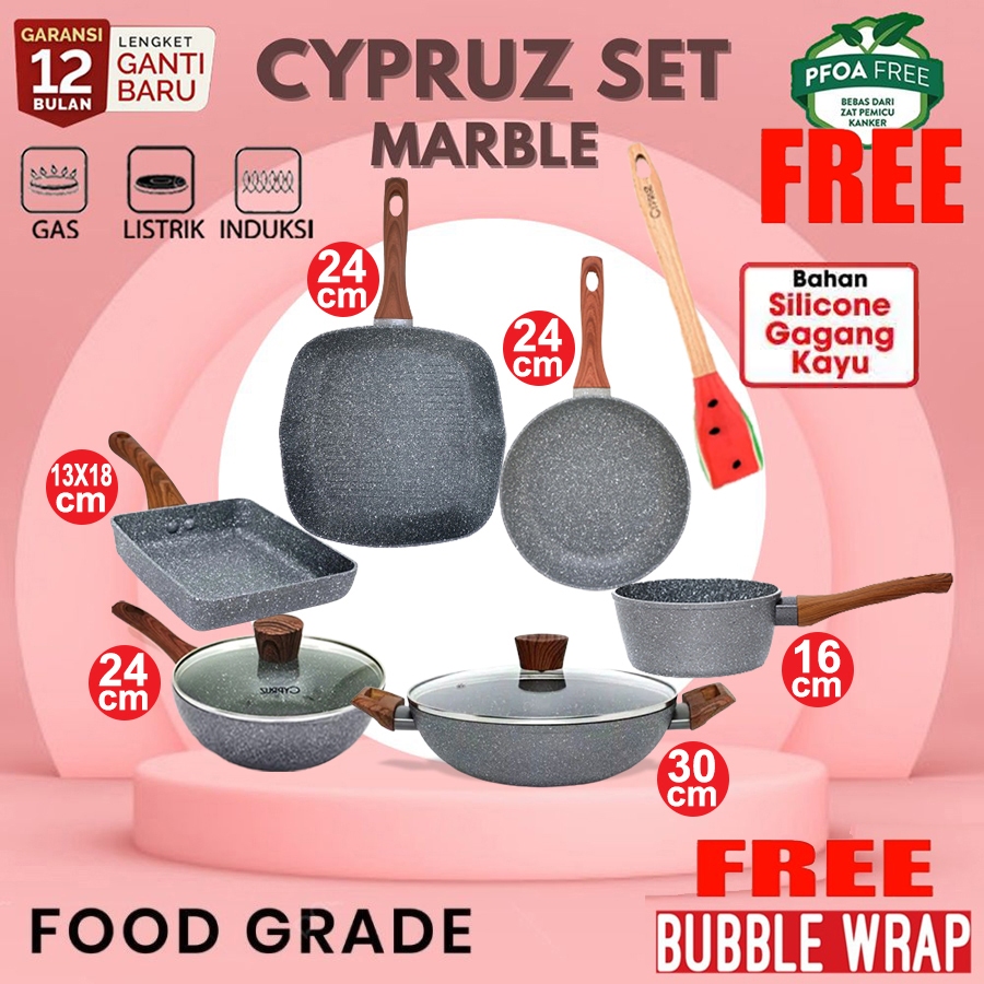 Cypruz Set Fry Wok Pan Induksi Cyprus Cookware Marble 6 Pcs Wajan