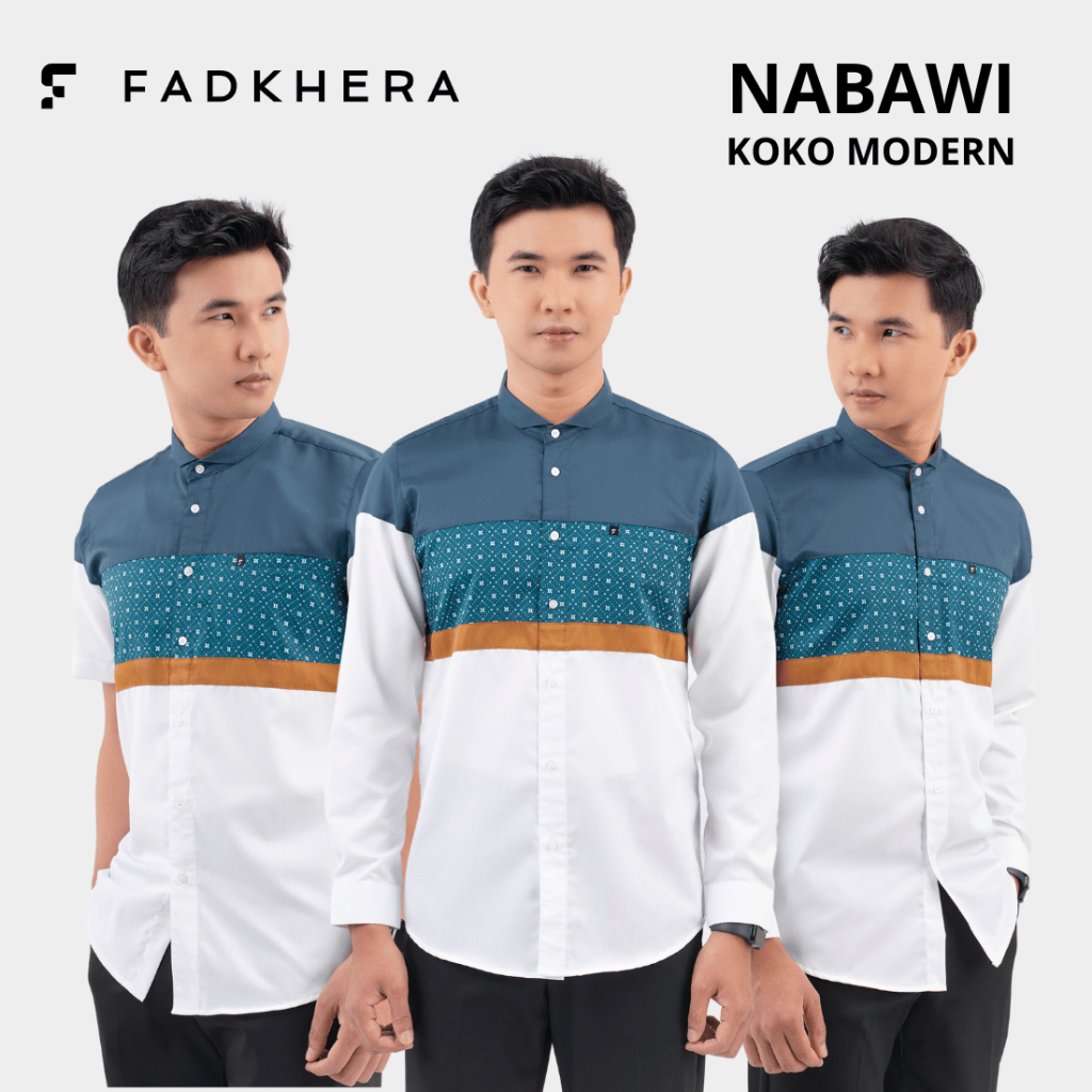 Koko Fadkhera NABAWI Kemeja Koko Modern Baju Kemeja Pria Lengan Pendek Panjang Putih Motif Kemeja Ka