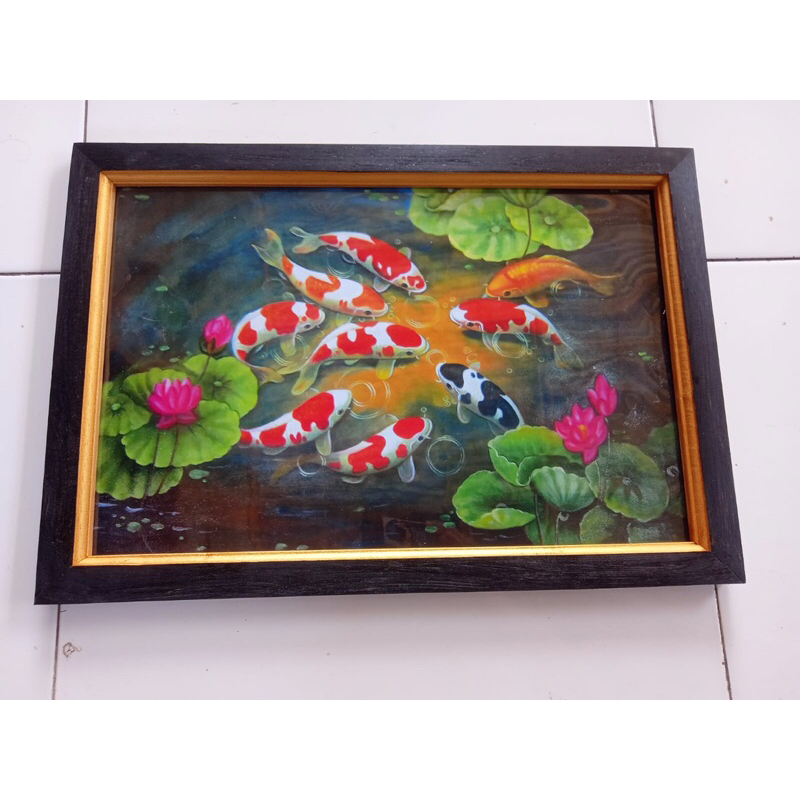 Hiasan dinding plus bingkai Lukisan cetak 9 ikan Koi dan bunga teratai