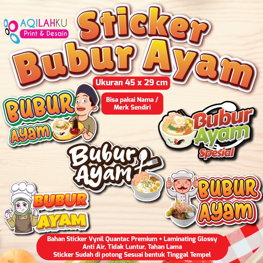 

Sticker Kaca Gerobak / Etalase Bubur Ayam | Ukuran 45x29 cm | Sticker Vynil Laminating Glosy | Banyak Pilihan Desain | Custom Nama