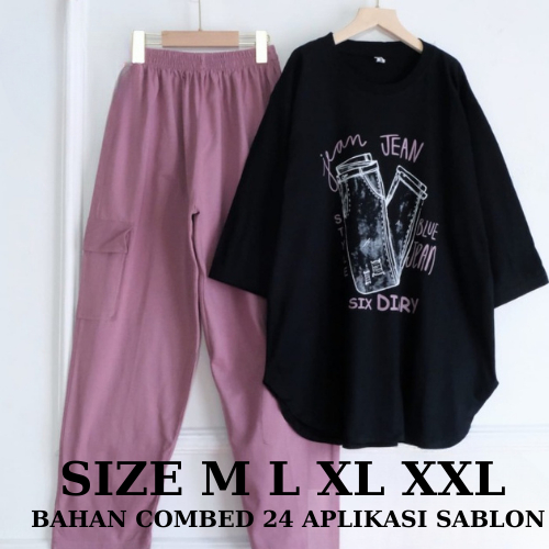 One Set Cargo Wanita Jean Set BO Size M L XL XXL XXXL LD 100-130 CM Bahan Kaos Katun Combed 24S Apli