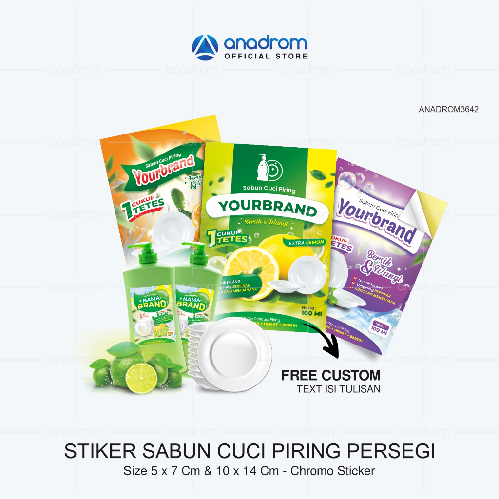 Sticker Kemasan Sabun Cuci Piring Persegi l | Sticker Label Kemasan Botol Sabun Cuci Piring | Anadro