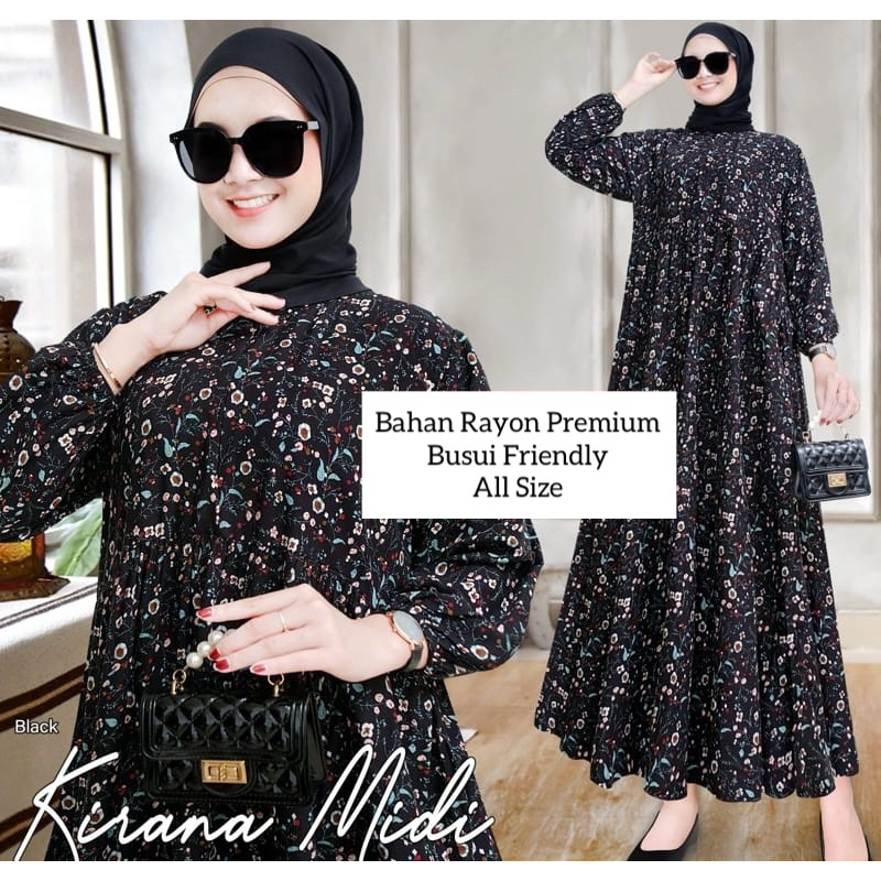 MIDI DRESS WANITA RAYON  / GAMIS RAYON ADEM BUMIL BUSUI FRIENDLY JUMBO-Kirana Hitam