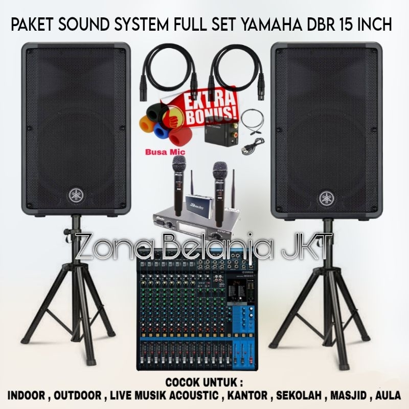 PAKET SOUND SYSTEM INDOOR OUTDOOR FULL SET SPEAKER YAMAHA DBR 15 INCH AKTIF MIXER YAMAHA 16 CHANNEL 