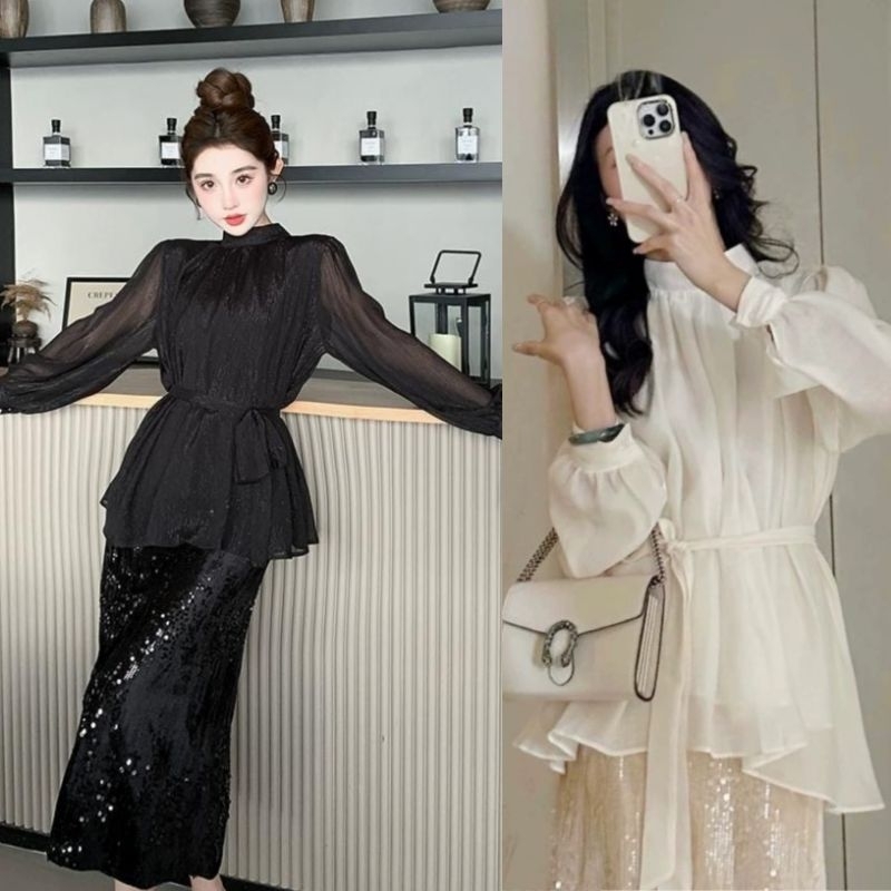 long sleeve mesh peplum glitter long dress ruffle sequin black hitam broken white acara hijab friend