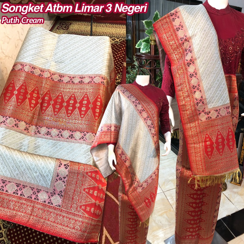 NEW Songket Atbm Limar 3 Negeri Exclusive Putih Cream/ Songket Tenun Mesin Palembang ilham Songket  / Motif Pulir