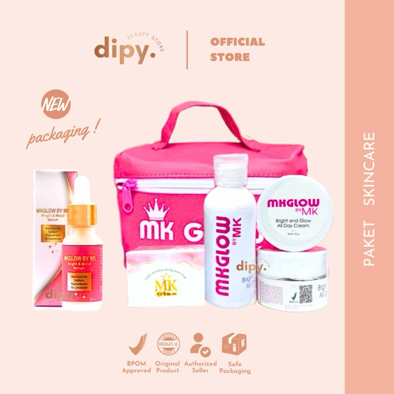 【Ori Pusat】MK GLOW - Paket Skincare Perawatan Wajah Whitening Brightening Bright & Moist Gold Serum 