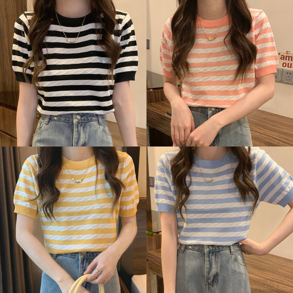 LEISURE WEAR Atasan Kaos Rajut Wanita Lengan Pendek Korean Style Fashion Import Bangkok BKK ajwshop 