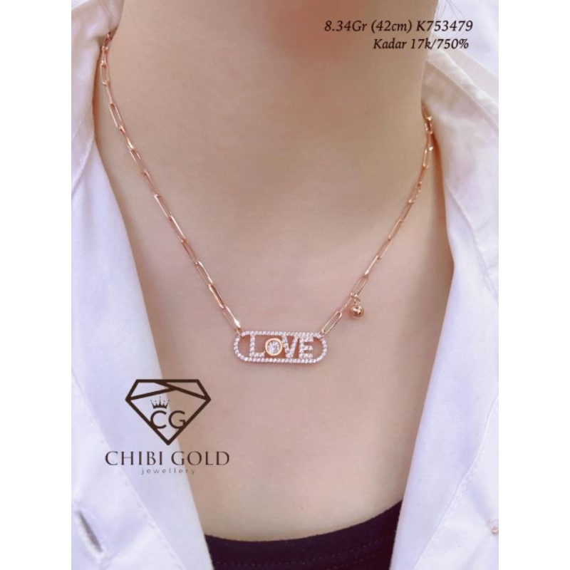 CHIBIGOLD - Kalung Koye tulisan LOVE rantai paperklip  emas 750 kadar 17k K753479 - CHIBIGOLD