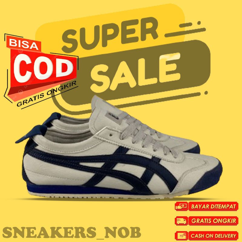 Sepatu Sneakers Pria Wanita Onitsuka Tiger Mexico 66 Cream Lis Navy Made In Vietnam