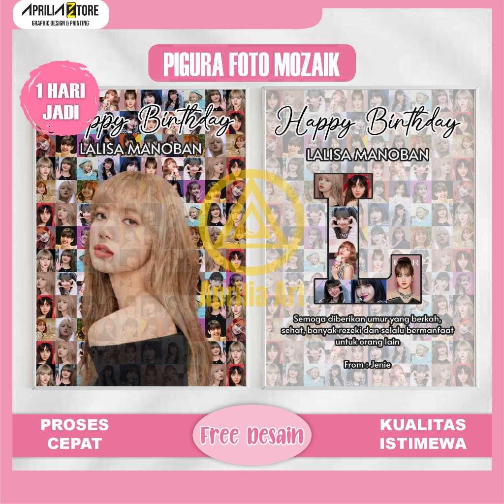 FRAME KACA + CETAK + DESIGN angka mozaik foto hadiah kado custom ultah wedding murah