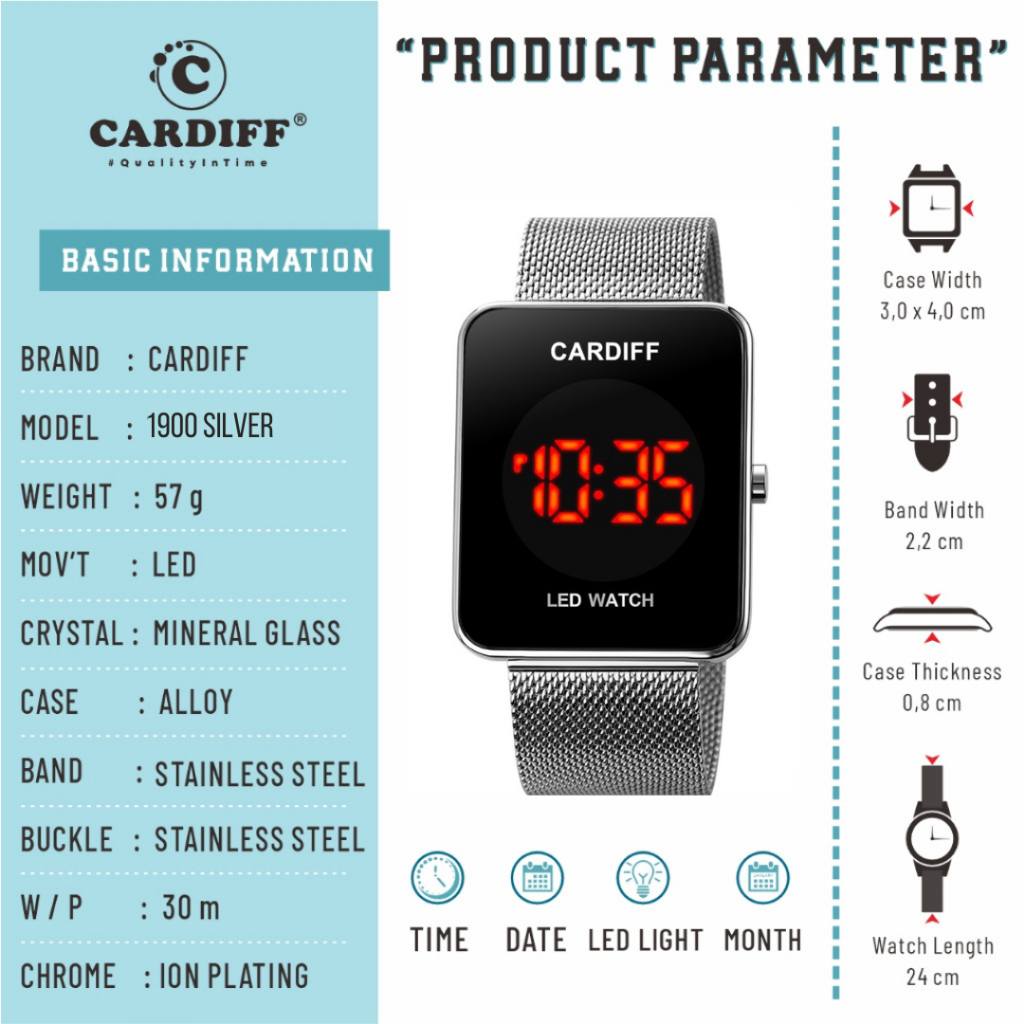 WTT CARDIFF Jam tangan LED touch screen sport pria wanita 1900 Stainless Rantai Tahan Air unisex