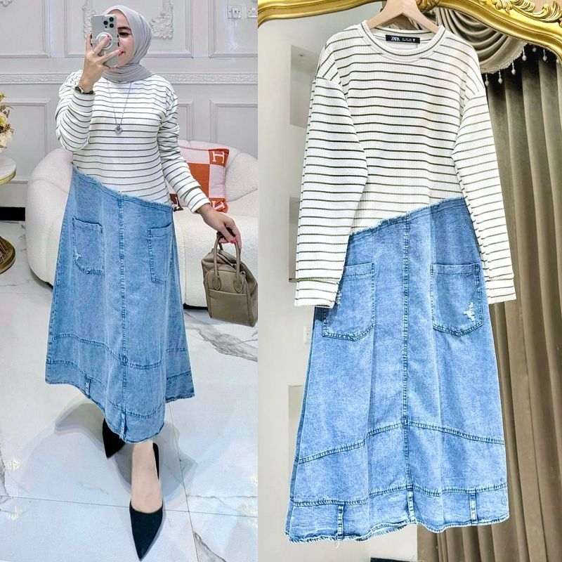 Noela Midi dress warna navy hijau hitam pink bahan jeans wash import mix knit premium rajut ukuran s