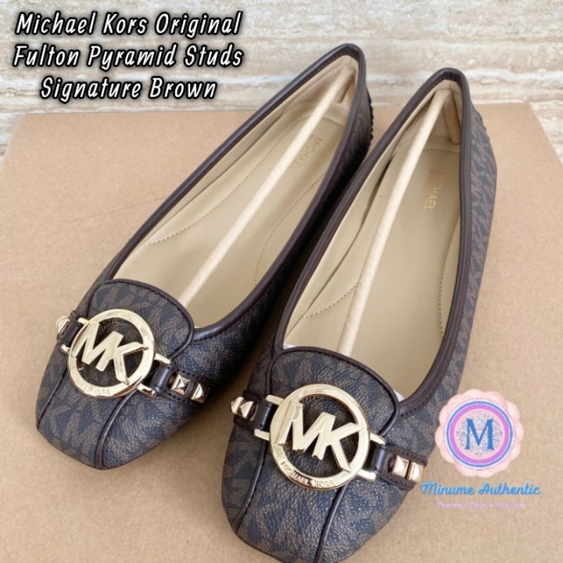 Sepatu Michael Kors Original Fulton Pyramid Studs Flat Signature Brown