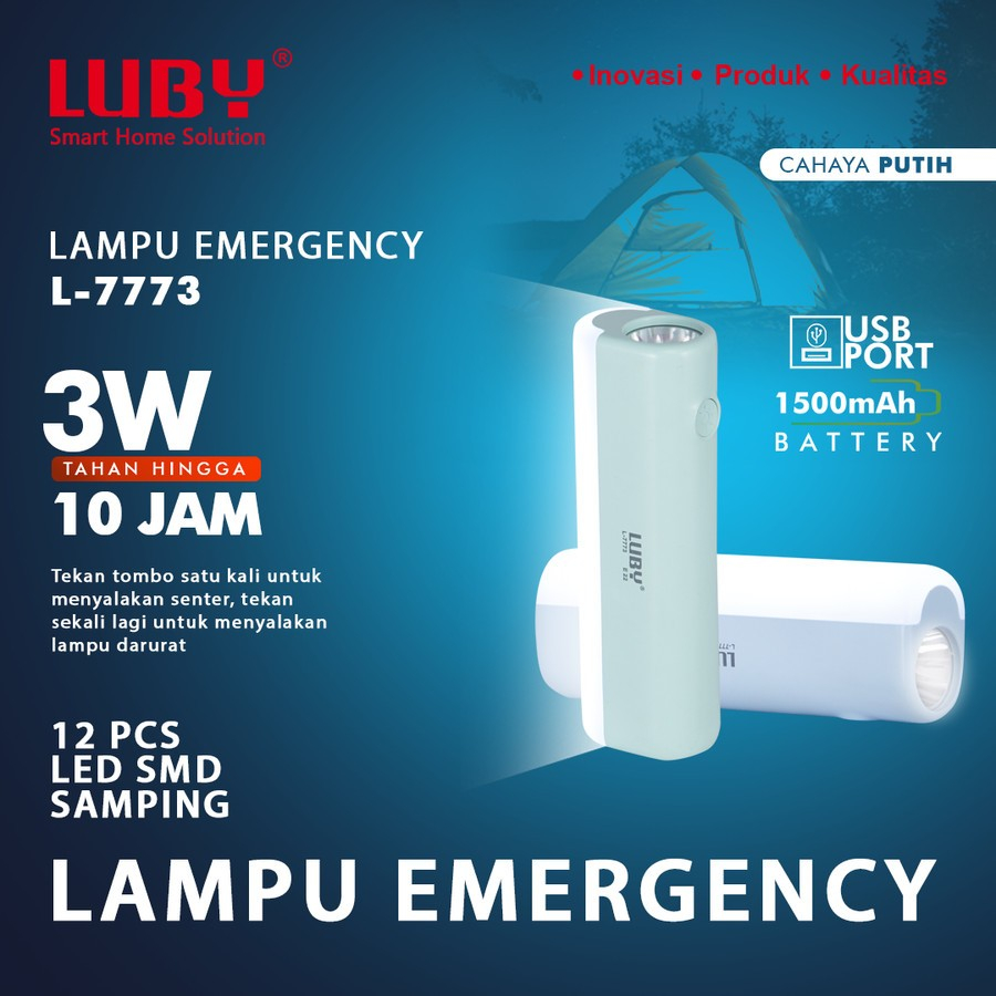 Luby Lampu Emergency LED L-7773 LAMPU PUTIH 12 LED SMD + Senter LED 3W DIMMER Super Terang Rechargea