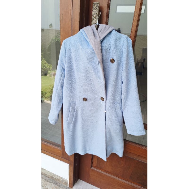preloved long coat wol wool tebal hangat hoodie full set baby blue