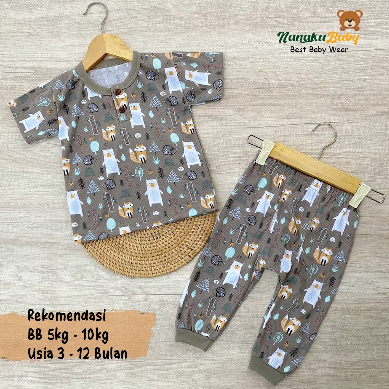Nanaku Baby - ( Printing Pohon Landak ) Set Baju Bayi Kancing Depan Celana Diapers Usia 3-12 Bulan