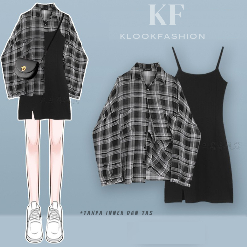 [KF] Kemeja Kotak Hitam Pink Guilen Oversize shirt Kemeja Kotak-Kotak Transparan Hitam Merah Muda K0